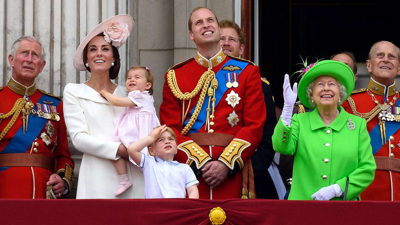 Prince Charles, Prince of Wales, Catherine, Duchess of Cambridge, Princess Charlotte, Prince George, Prince William, Duke of Cambridge, Prince Harry, Queen Elizabeth II and Prince Philip, Duke of Edinburgh stand on the balcony during the Trooping the Colour, this year marking the Queen&#039;s 90th birthday at The Mall on June 11, 2016 in London, England. The ceremony is Queen Elizabeth II&#039;s annual birthday parade and dates back to the time of Charles II in the 17th Century when the Colours of a regiment were used as a rallying point in battle