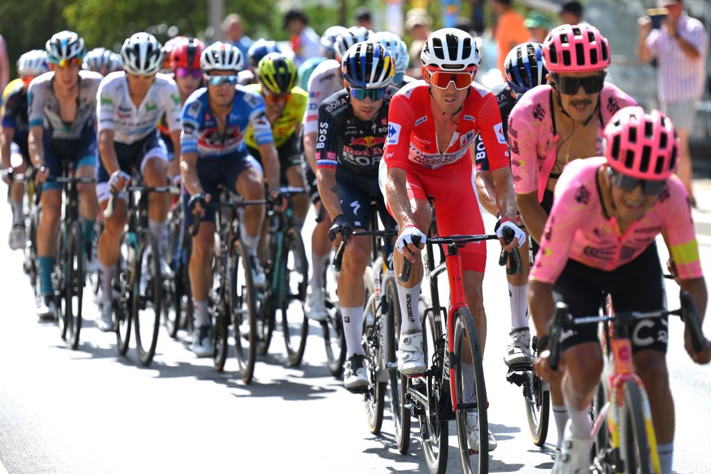 CAZORLA SPAIN AUGUST 24 LR Primoz Roglic of Slovenia and Team Red Bull Bora hansgrohe and Ben OConnor of Australia and Team Decathlon AG2R La Mondiale Red Leader Jersey compete during the La Vuelta 79th Tour of Spain 2024 Stage 8 a159km stage from Ubeda to Cazorla 1056m UCIWT on August 24 2024 in Cazorla Spain Photo by Tim de WaeleGetty Images