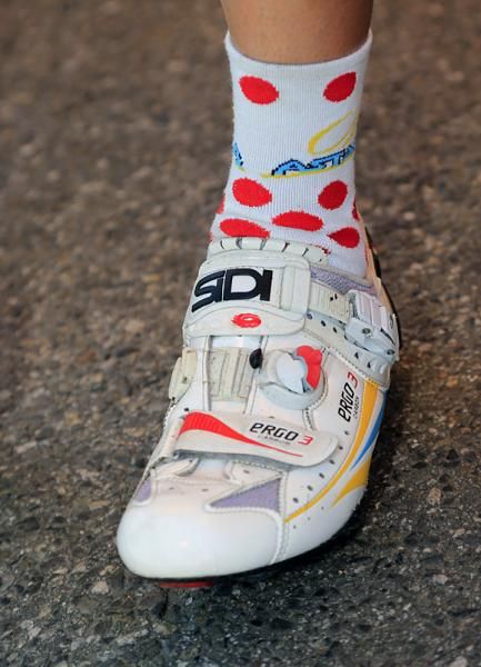 Mountains classification leader Fredrik Kessiakoff (Astana) has socks to match his polka-dot jersey.
