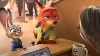 Judy Hopps and Nick Wilde standing together at the DMV during the Disney movie Zootopia.