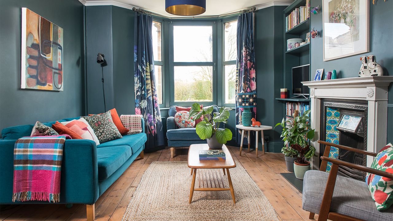 blue living room with bay window