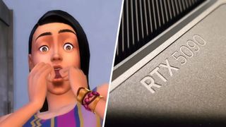 A split image of a character from The Sims looking shocked opposite a close up of the RTX 5090 text on a graphics card