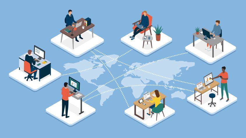 A graphic showing people remote working from different locations.