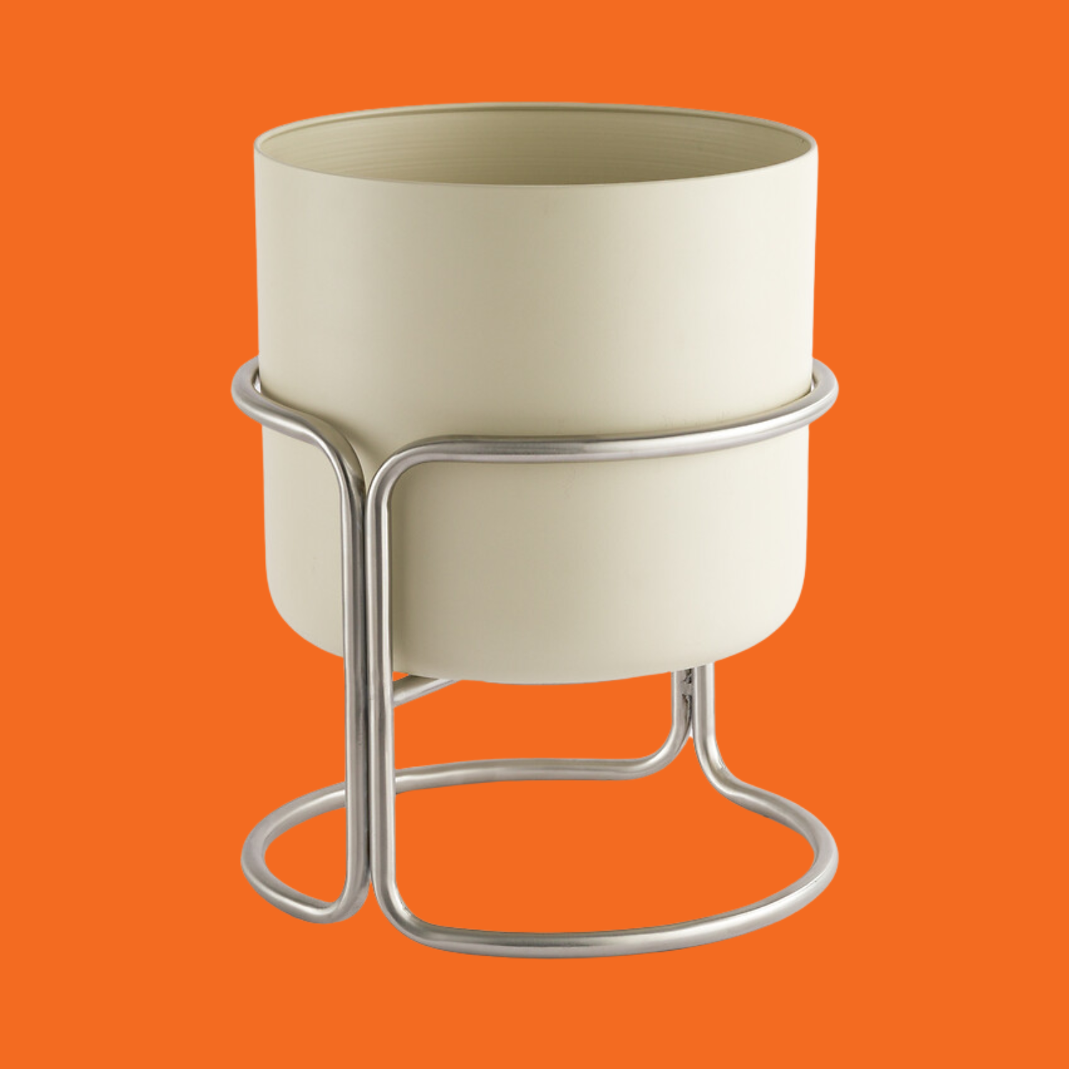 A cream-colored planter with a metal stand