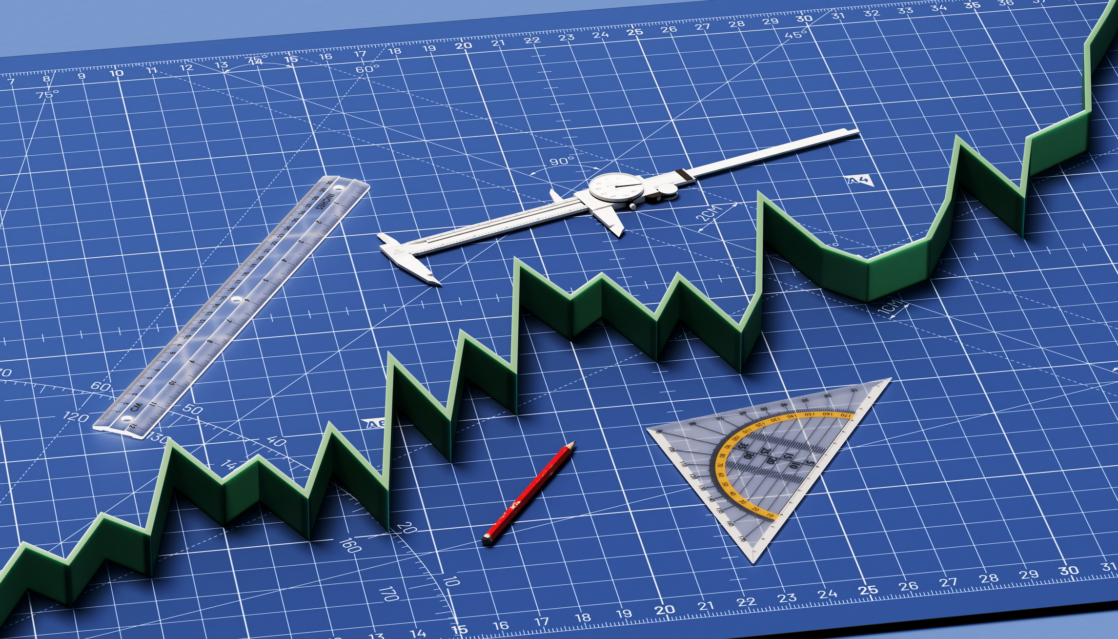 A conceptual stock image featuring a 3D growth chart positioned on a blueprint background, with measurement tools scattered around.