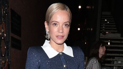 Lily Allen's long denim skirt and sparkly pink clutch