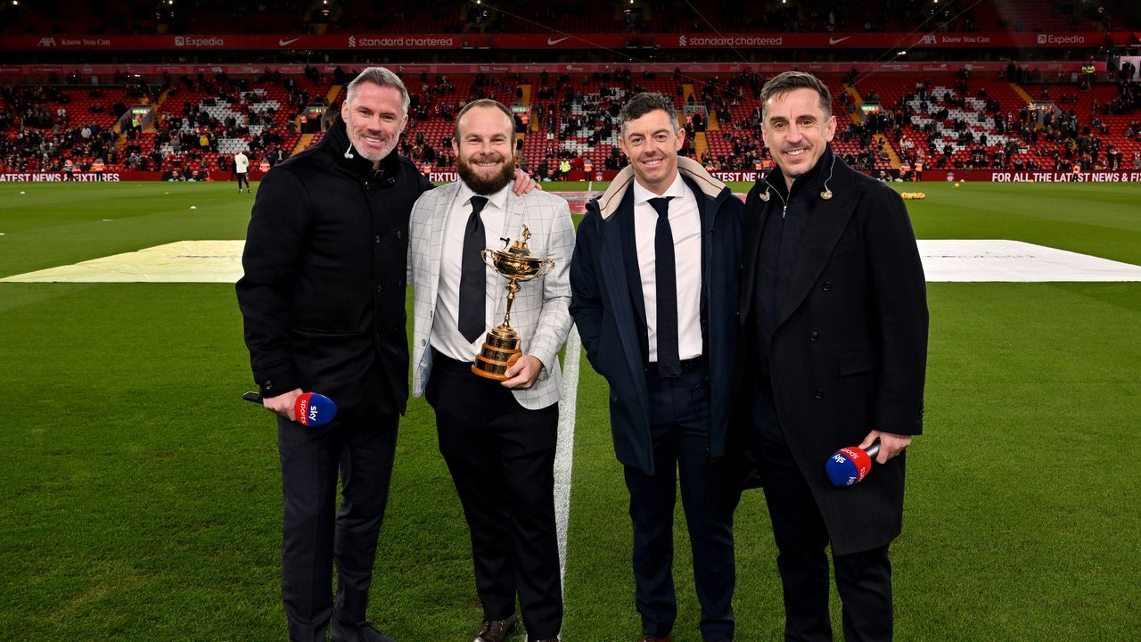 Sky Sports pundits Jamie Carragher (far left) and Gary Neville (far right) either side of Tyrrell Hatton (left) and Rory McIlroy at Anfield