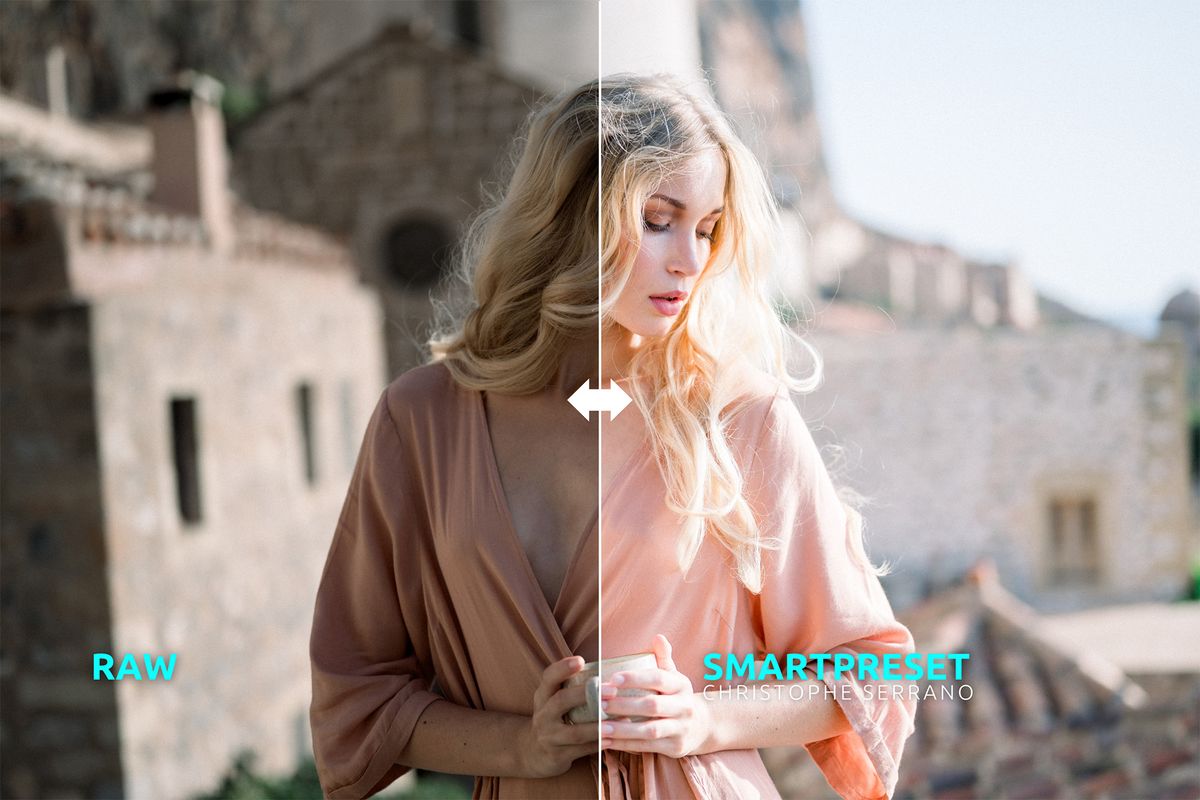 Neurapix before and after portrait of back-lit woman in front of stone architecture 