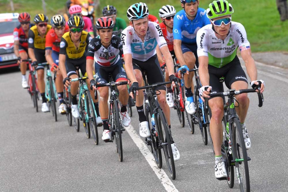 Ben King (Dimension Data) leads the break on stage 15 of the Vuelta a Espana