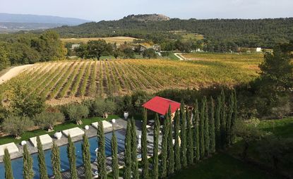 The view from Villa La Coste, taking in vineyards and part of the architecture and art park