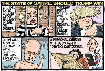 Political cartoon U.S. 2016 election Donald Trump Hillary Clinton Putin satire