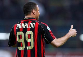 AC Milan forward Ronaldo gestures after scoring against Empoli in 2007.