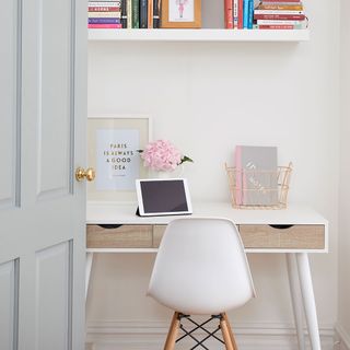 study room with white wall and tab flower pot on table and books
