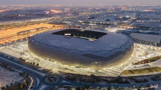 This photograph was taken using a drone) An aerial view of Education City stadium at sunrise on June 22, 2022 in Al Rayyan, Qatar. Education City stadium.