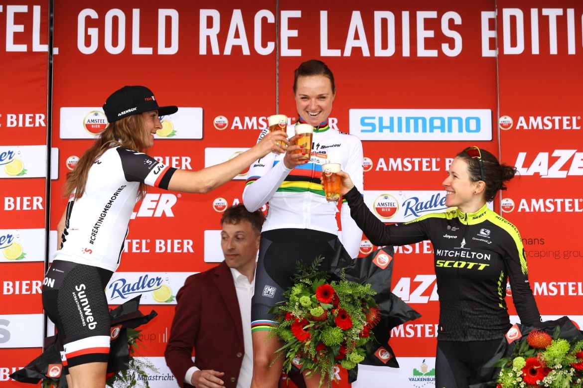 Lucinda Brand, Chantal Blaak and Amanda Spratt on the Amstel podium