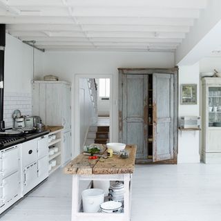 kitchen area with white wall wooden cabinet