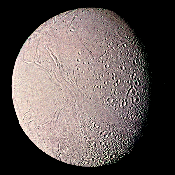 Saturn's moon Enceladus, photographed by the Voyager 2 spacecraft.