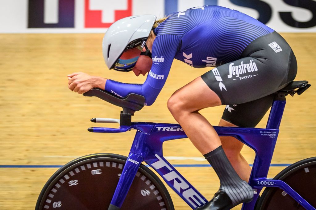 Dutch rider Ellen Van Dijk races during her world hour record attempt in the Velodrome Suisse an indoor velodrome in Grenchen northern Switzerland on May 23 2022 Ellen van Dijk attempts to break the world hour record record of 48405 kilometers on May 23 2022 on the track of the Velodrome Suisse in Grenchen Photo by GABRIEL MONNET AFP Photo by GABRIEL MONNETAFP via Getty Images