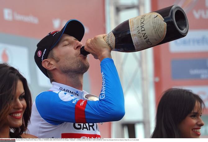 Ryder Hesjedal (Garmin-Sharp) celebrates the stage 14 win with champagne