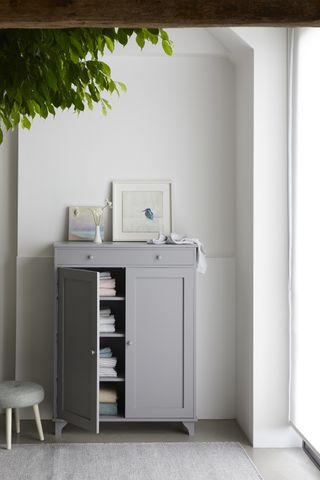 grey cupboard with door open