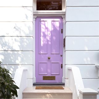 Exterior of house with purple door and white walls