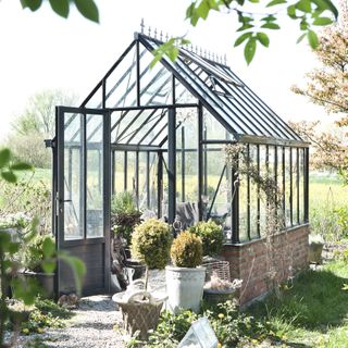 dark aluminium greenhouse in small garden