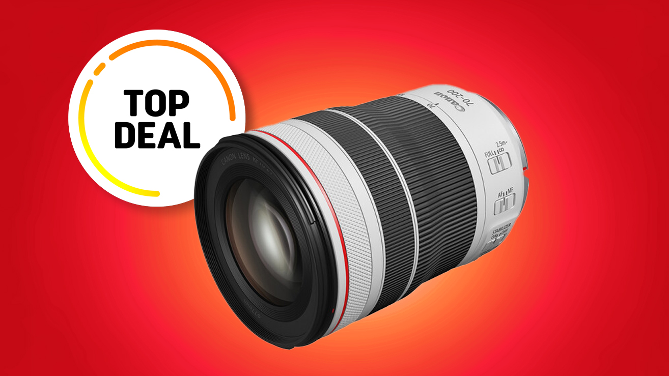 A Canon 70-200mm lens showcased against a vibrant red background, with a &#039;Top Deal&#039; label prominently displayed