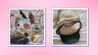 The Uniqlo mini shoulder bag in black and cream / alongside handbag products and beauty staples to represent how much can fit in the bags/ in a pink two picture template