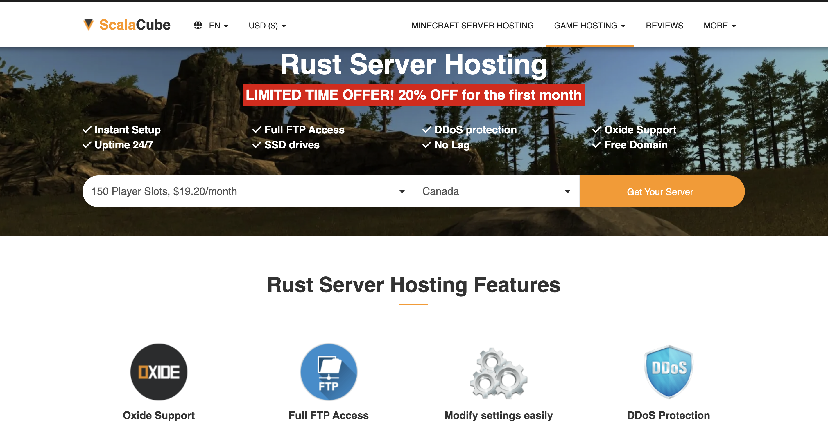 An image of Scalacube's Rust Hosting Hosting page