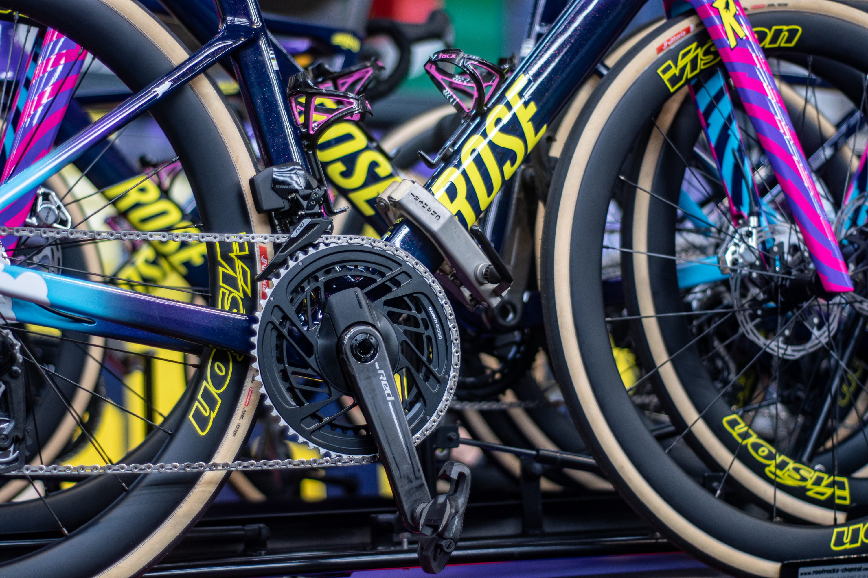 A few of Unibet's very colourful bikes on the roof of a team car