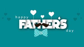 Happy Father's day text with glasses, bow tie, moustache, gift box and hearts on a teal background