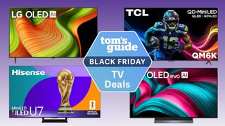 Four TVs from Hisense, LG and TCL arranged into quadrants in front of a purple background. In the center of the image is a hexagonal badge that reads: "Tom's Guide Black Friday TV Deals".