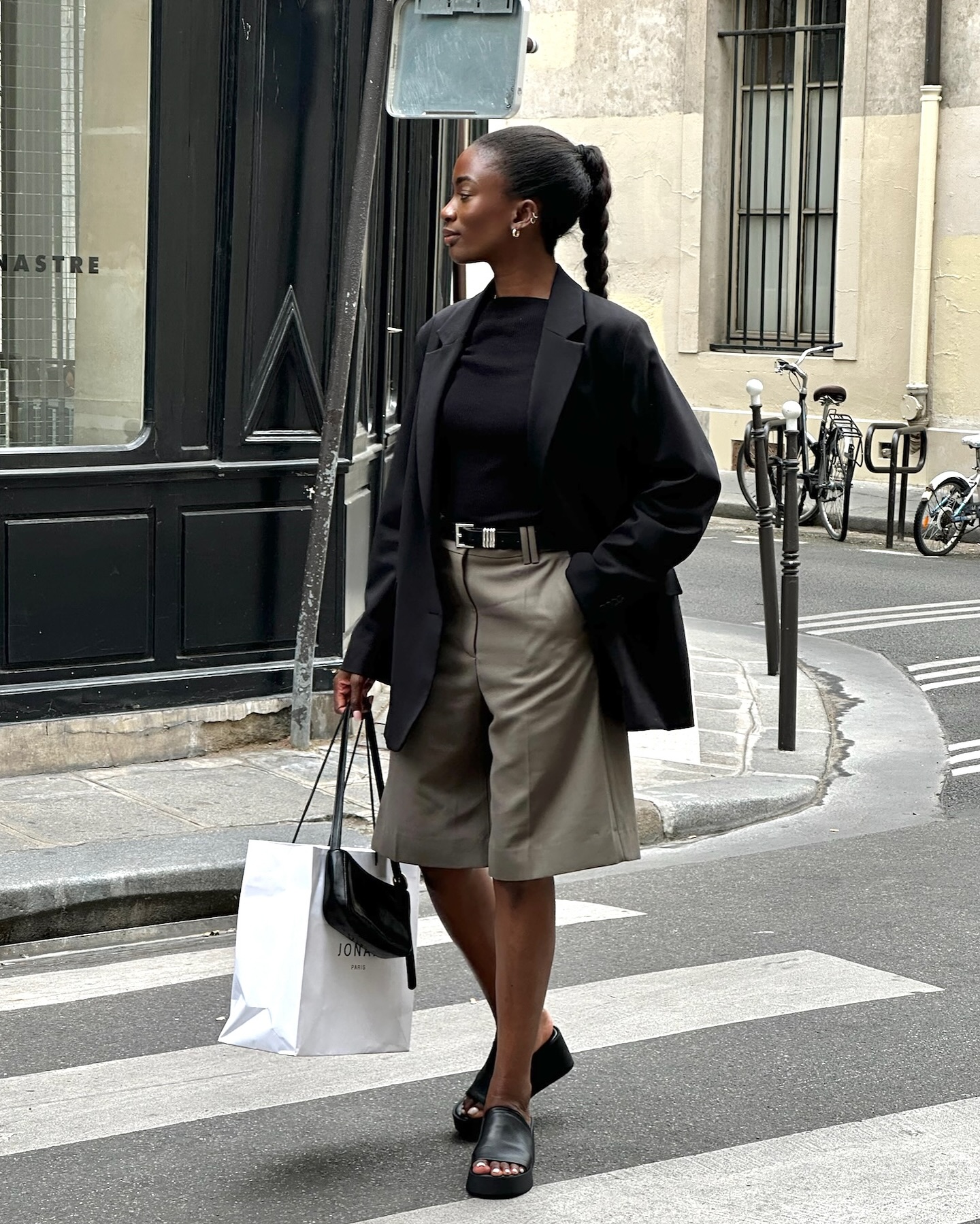 High heels wearing long shorts: @__livmadeline wearing wedges and long khaki shorts