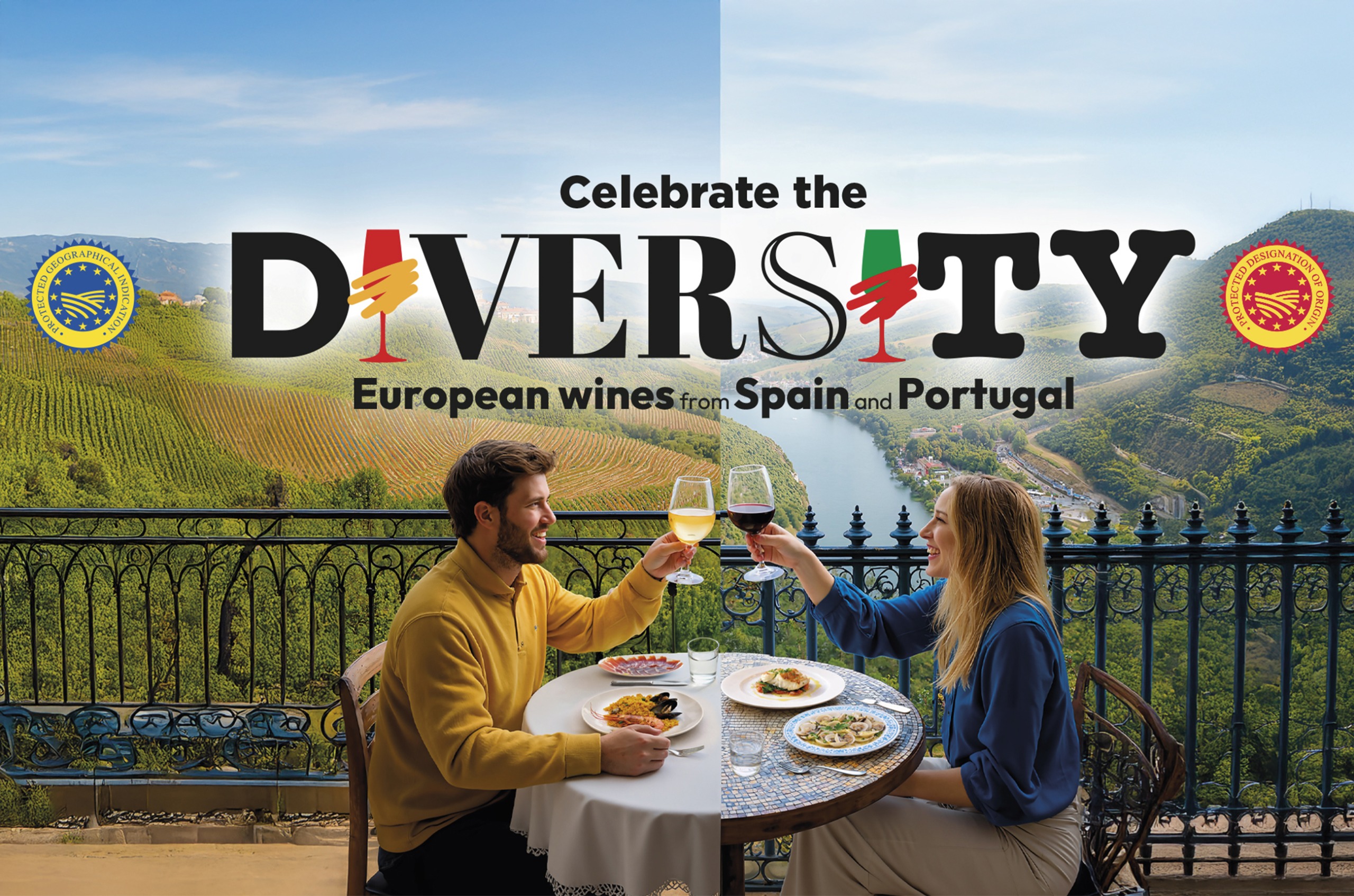 A couple at a table cheersing glasses of white and red wine, with different scenes (of Spain and Portugal) behind them. 