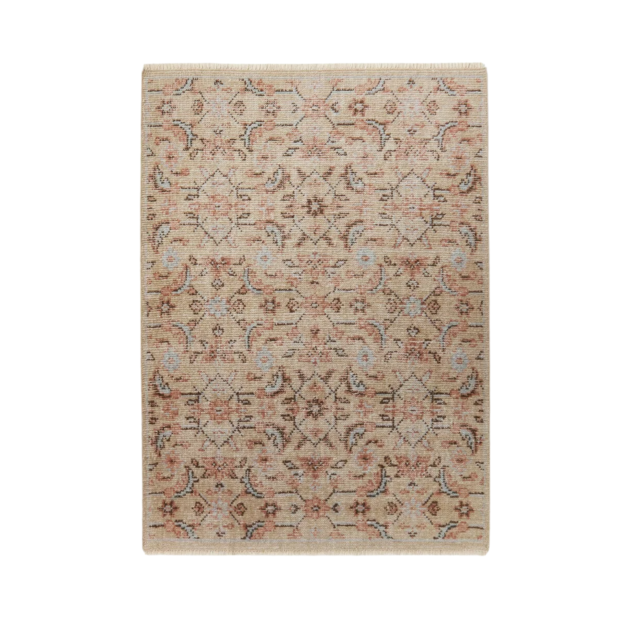 a vintage-inspired rug with beige, red, and light blue motifs