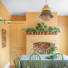 Warm yellow dining room with lots of house plants and white ceiling.