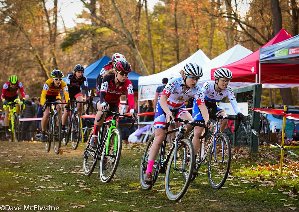 Jena Page Greaser (JAM/NCC/Vittoria) moving into the lead to the left of team-mate Ellen Noble