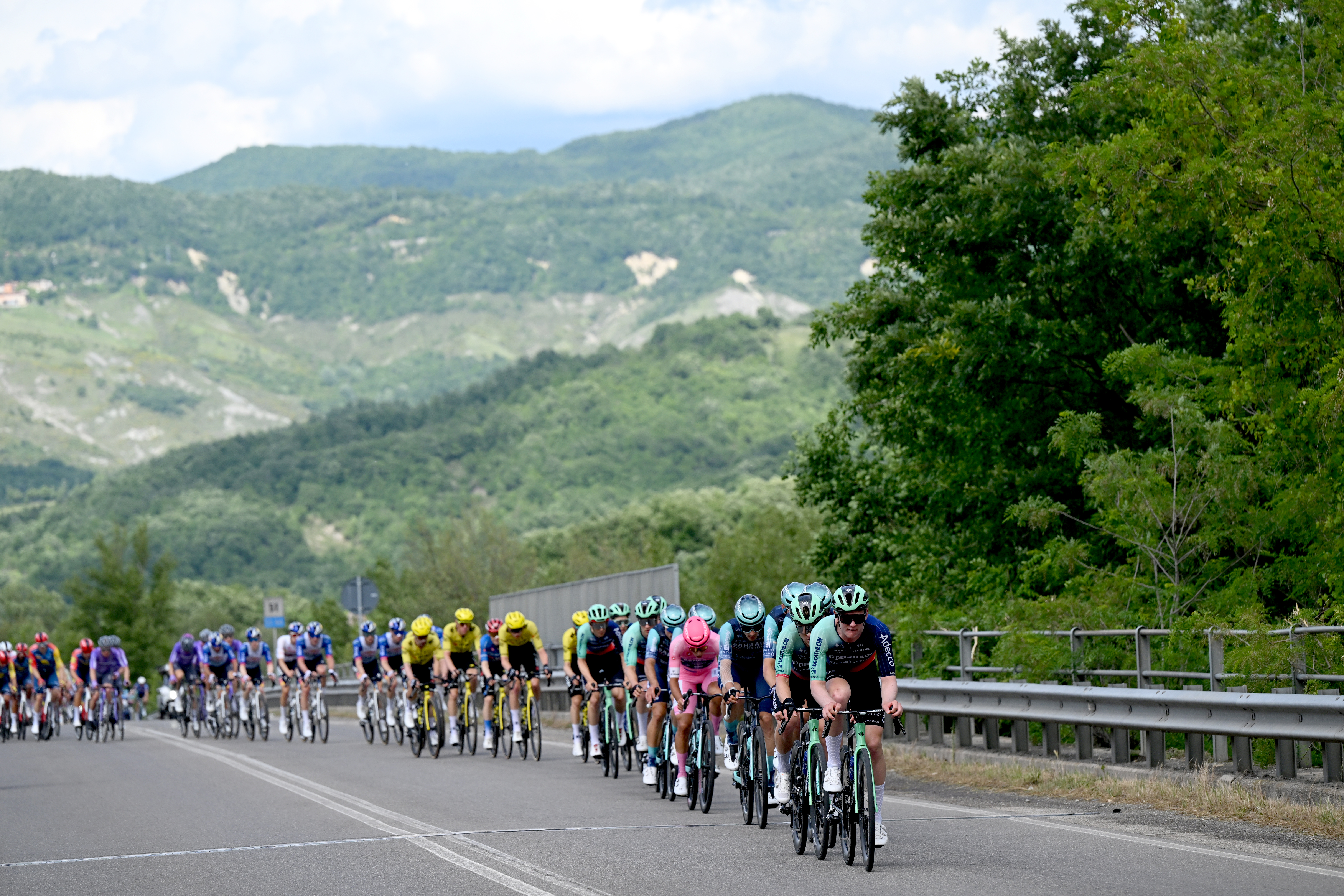 CORNO ALLE SCALE, ITALY - MAY 17: Tord Gudmestad of Norway and Team Decathlon CMA CGM leads the peloton during the 109th Giro d&amp;amp;apos;Italia 2026, Stage 9 a 184km stage from Cervia to Corno alle Scale 1469m / #UCIWT / on May 17, 2026 in Corno alle Scale, Italy. (Photo by Dario Belingheri/Getty Images)