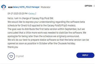 A screen grab of the community forum post announcing the delay of One UI 6 beta on the Fold 5 and Flip 5.
