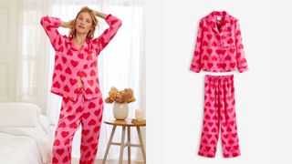 model wearing next pink and red heart print pajamas next to flat lay image