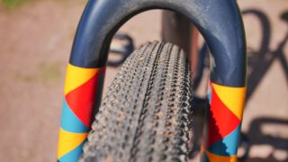 Close up of the tire and fork on a gravel bike