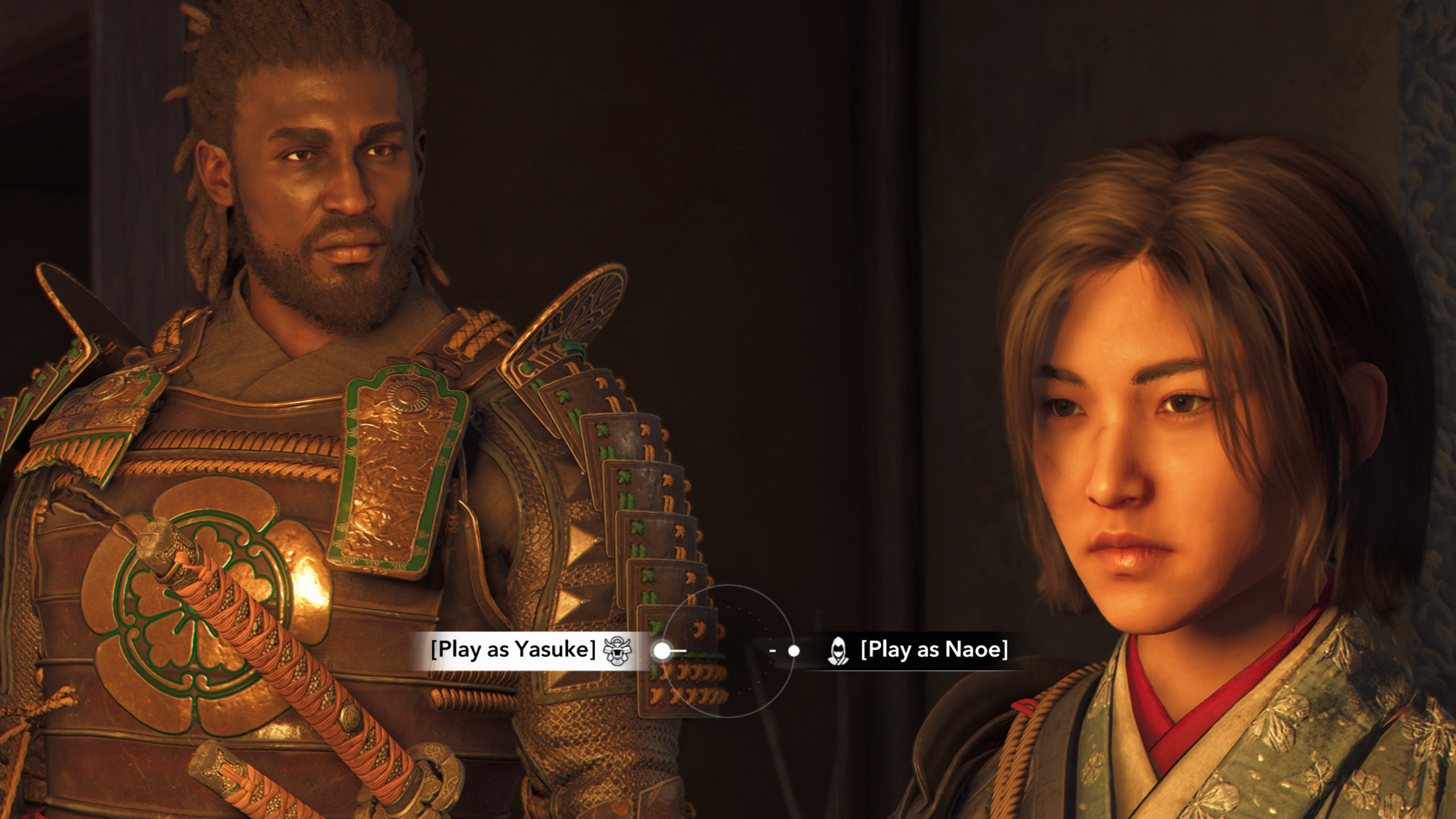 Assassin's Creed Shadows Yasuke unlock - Yasuke and Naoe standing next to eachother with two dialogue options asking who to play as.