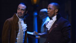 Lin-Manuel Miranda and Leslie Odom Jr as Hamilton and Aaron Burr in Disney+ taping of Broadway production