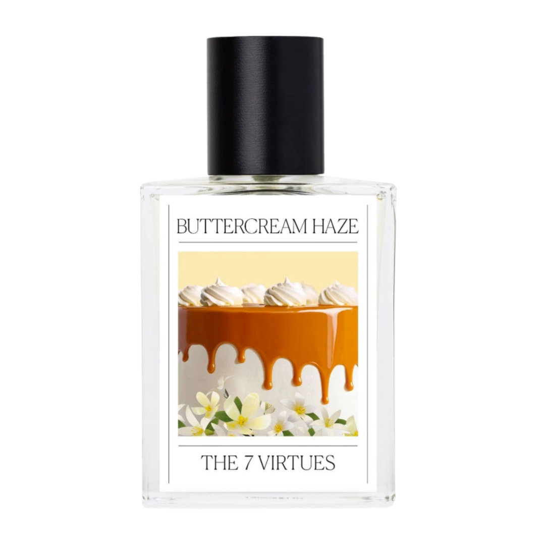 A product shot of the The 7 Virtues Buttercream Haze perfume, on a white background