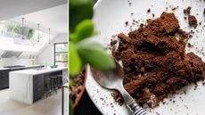 A split image of a contemporary kitchen with a large marble kitchen island and a flat lay image of a plate of coffee grounds