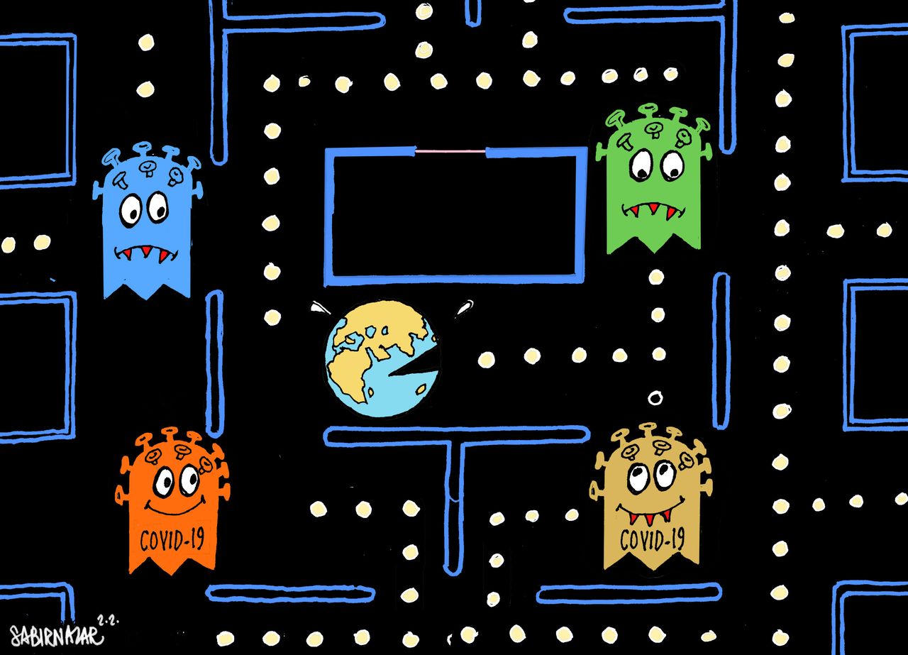 Editorial Cartoon World PACMAN coronavirus trapped