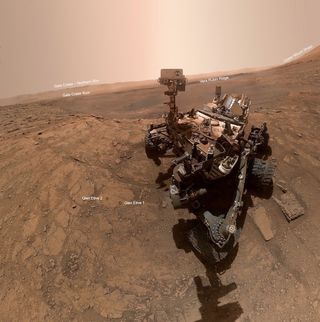 Annotated version of the selfie taken by NASA's Mars rover Curiosity on Oct. 11, 2019.