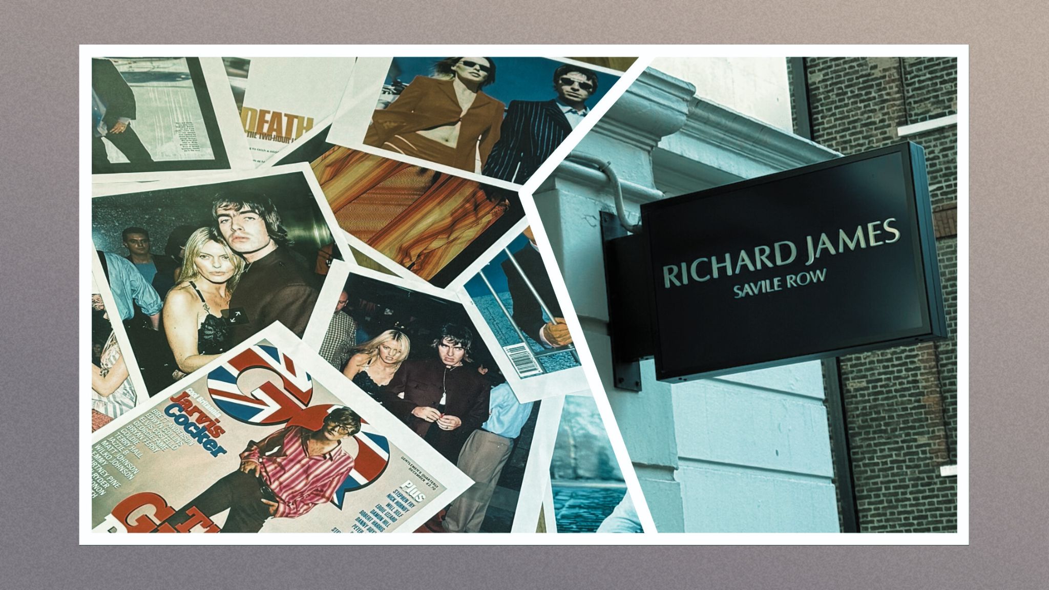The Richard James shop sign, next to photos and magazine covers from the Britpop era