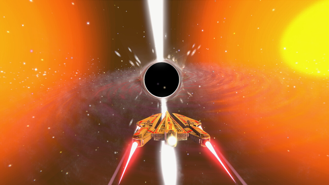 Screenshot from 2024 game Underspace, showing a spaceship flying towards a black hole.