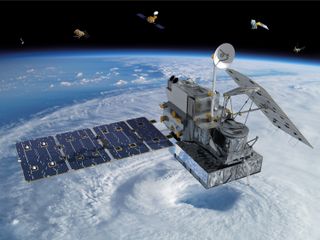 An artist's depiction of the Global Precipitation Measurement (GPM) Core Observatory, a partnership between NASA and the Japan Aerospace Exploration Agency, at work studying Earth.